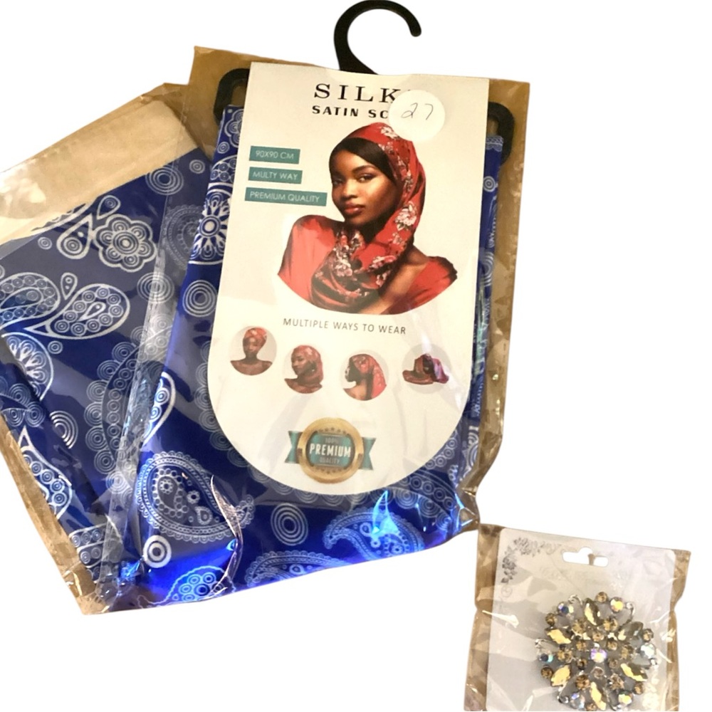 Silk Satin Scarf in Blue & Gold Brooch included